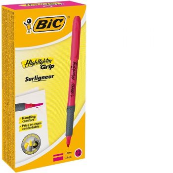 Marqueur Fluorescent Bic Highlighter Grip - Encre à base d'eau - Pointe biseautée - Course entre 1,60 et 3,30 mm - Couleur magenta X 12