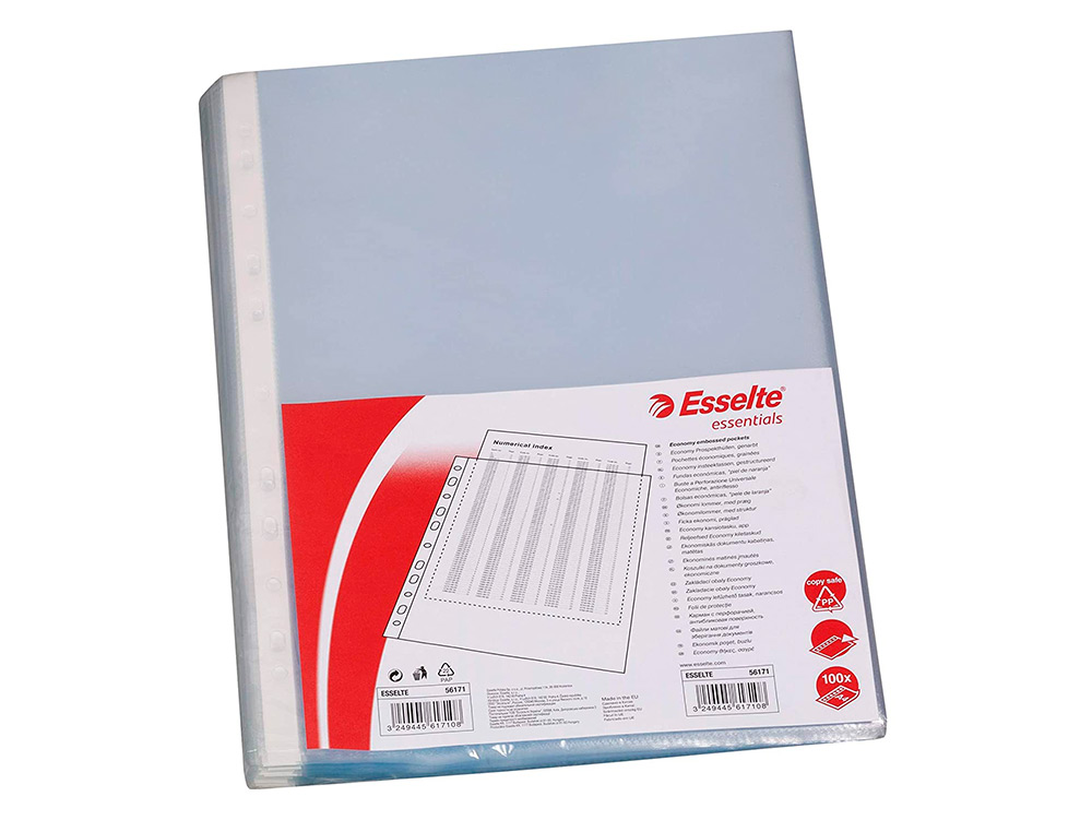 Esselte Lot de 100 Protège-Documents Multi-forets - Format Folio - 16 Trous - 80 Microns - Peau Orange - Couleur Transparente