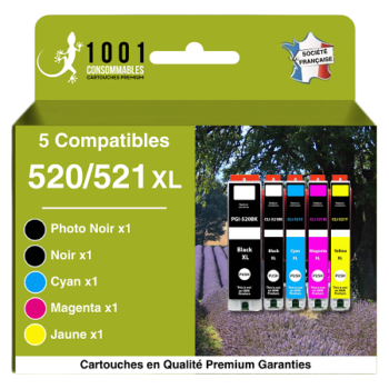 Cartouche d'encre équivalent CANON PGI-520BK-CLI-521 compatible (PGI520-CLI521) Pack 5 Cartouches - Couleurs x 3 - Noir x 2
