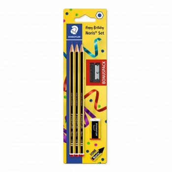 Staedtler Noris 120 Pack de 3 Crayons Hexagonaux Graphite + Gomme + Aiguiseur - Mine HB2 Ultra-Résistante 2mm - Bois Issu de Forêts Durables