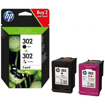 HP 302 pack une cartouche d'encre 3 couleurs (Cyan,Magenta,Jaune) et une cartouche Noire (X4D37AE)