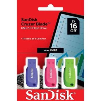 Sandisk Pack de 3 Cruzer Blade USB 2.0 Mémoire 16 Go - Ultra Compact - Couleur Bleu, Rose et Vert (Pendrive)